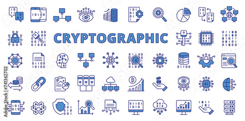 Cryptographic icons in line design, blue. Cryptographic, encryption, security, cryptography, code, business isolated on white background vector. Cryptographic editable stroke icons.