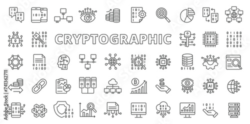 Cryptographic icons in line design. Cryptographic, encryption, security, cryptography, code, business isolated on white background vector. Cryptographic editable stroke icons.