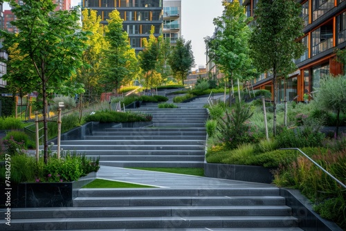 Innovative mixed-use development, terraced design with public green spaces, modern urban living, pedestrian-friendly pathways © arhendrix