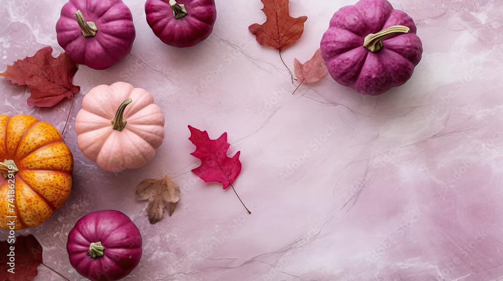 A group of pumpkins with dried autumn leaves and twig, on a magenta color marble A group of pumpkins with dried autumn leaves and twig, on a magenta color marble