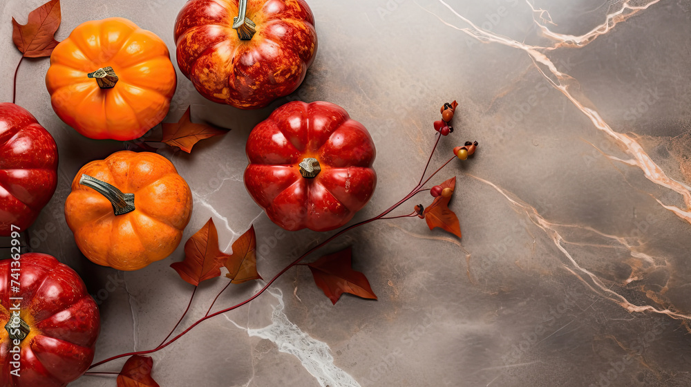 A group of pumpkins with dried autumn leaves and twig, on a scarlet color marble - obrazy, fototapety, plakaty 
