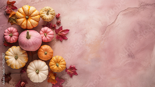 A group of pumpkins with dried autumn leaves and twig, on a pink color marble