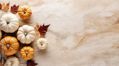 A group of pumpkins with dried autumn leaves and twig, on a beige color marble