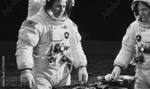 b&w portrait closeup of astronaut grilling on the moon surface, generative AI