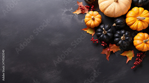 A group of pumpkins with dried autumn leaves and twig, on a light black color marble