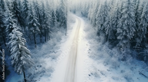 A drone's bird's eye view captures an empty forest road and snow-covered trees amidst the beauty of winter.