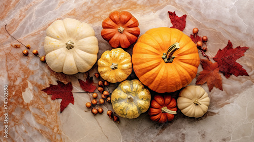 A group of pumpkins with dried autumn leaves and twig, on a light red color marble