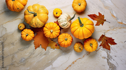 A group of pumpkins with dried autumn leaves and twig, on a vivid lime color marble