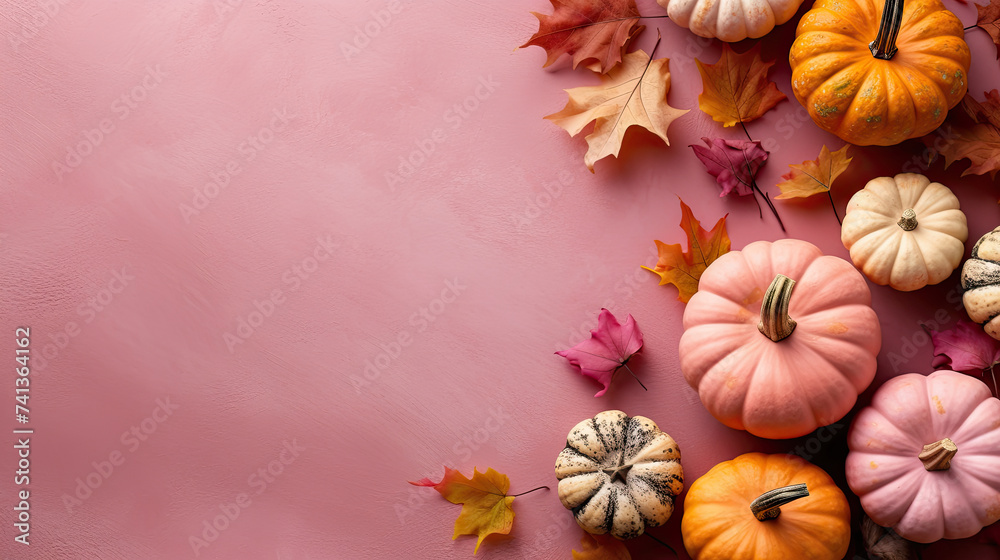 A group of pumpkins with dried autumn leaves and twig, on a vivid pink color marble A group of pumpkins with dried autumn leaves and twig, on a vivid pink color marble