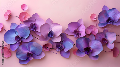 An enchanting scene featuring orchid purple paper flowers against a pale pink backdrop  providing space for personalized text or greeting card designs. Perfect for International Women s Day
