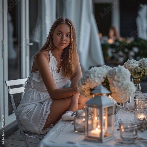 Chic Table Setting: Young Woman Amid Candles and Flowers.