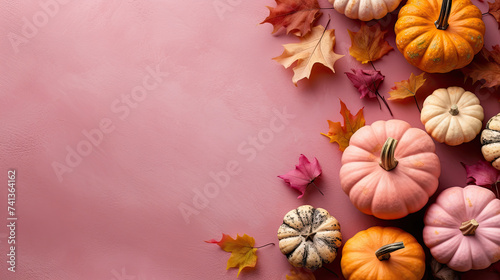 A group of pumpkins with dried autumn leaves and twig  on a vivid pink color marble