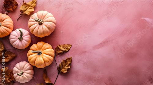 A group of pumpkins with dried autumn leaves and twig, on a vivid pink color marble