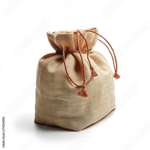 Small rustic bag made of jute on white backdrop.