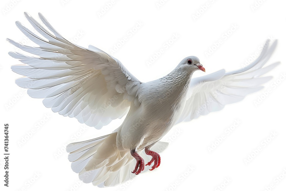 A white dove in flight with wings fully spread, isolated on a white background, Generative AI A white dove in flight with wings fully spread, isolated on a white background, Generative AI