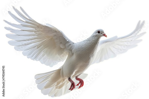 A white dove in flight with wings fully spread, isolated on a white background, Generative AI
