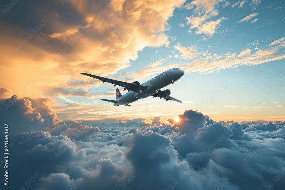 Airplane ascending in the sky with clouds below, symbolizing travel and exploration, Generative AI Airplane ascending in the sky with clouds below, symbolizing travel and exploration, Generative AI