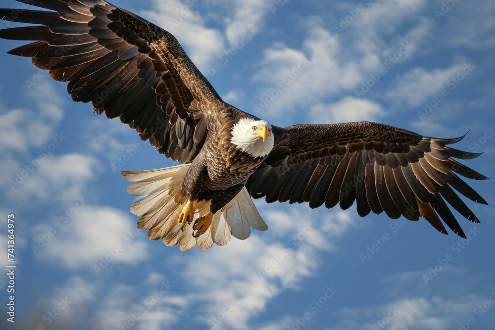 Majestic bald eagle in flight against a backdrop of scattered clouds and blue sky, Generative AI Majestic bald eagle in flight against a backdrop of scattered clouds and blue sky, Generative AI