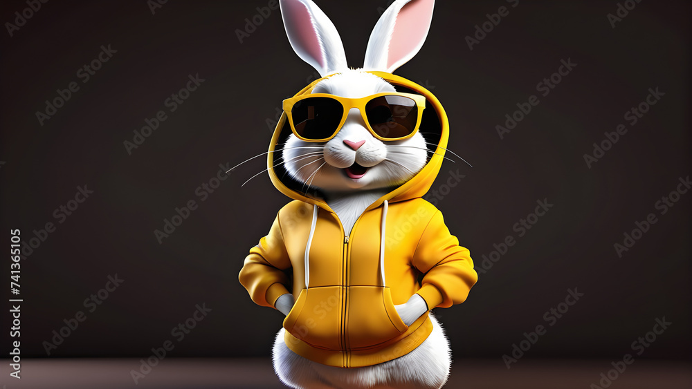3d glassy a cartoon character cool rabbit in an yellow hoodie and trendy sunglass poses