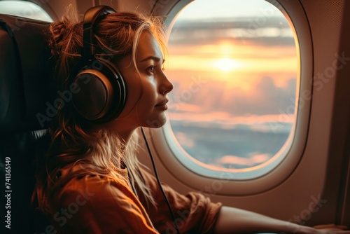 Woman with headphones gazing out the airplane window during sunset, Generative AI
