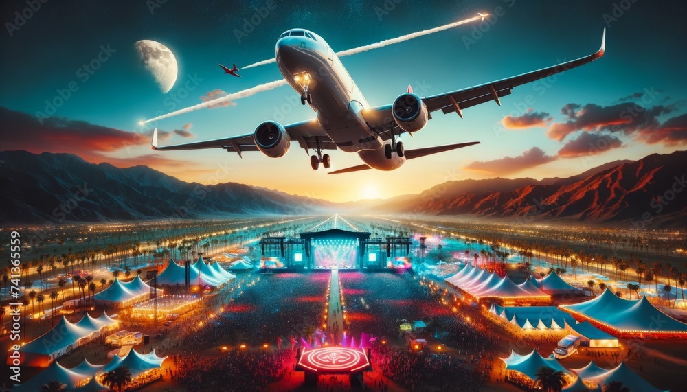 Airplane flies over colorful Coachella festival in desert, people enjoy music. Airplane's shadow crosses vibrant festival stages, desert alive with music. - obrazy, fototapety, plakaty 