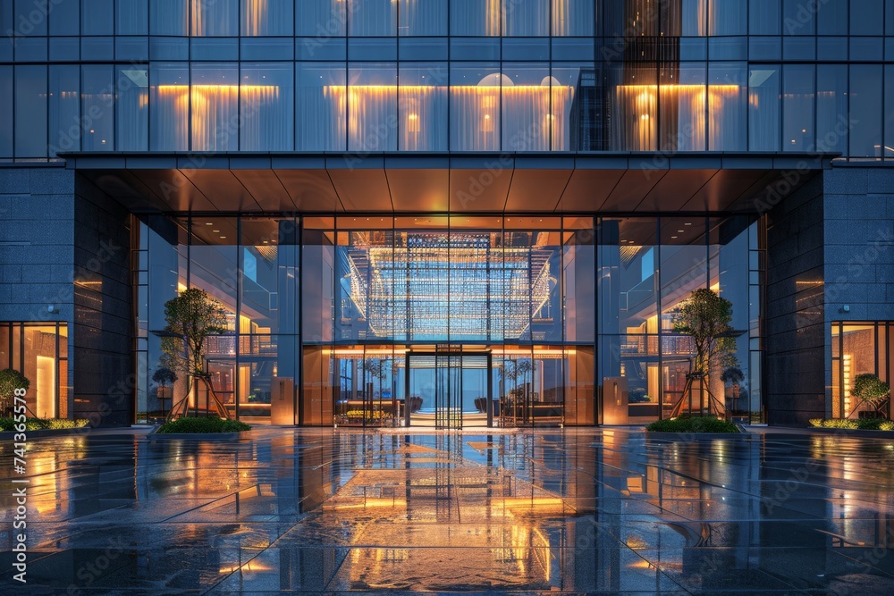 Luxurious hotel exterior, avant-garde design with glass curtain walls, panoramic city views, elegant ambiance - obrazy, fototapety, plakaty 
