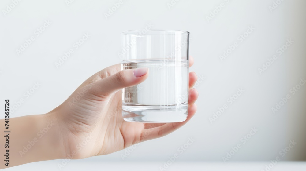 A Health concept. Horizontal banner image, on foreground caucasian female hand holds glass of clear water give to camera smiling selective close up focus. A Health concept. Horizontal banner image, on foreground caucasian female hand holds glass of clear water give to camera smiling selective close up focus.