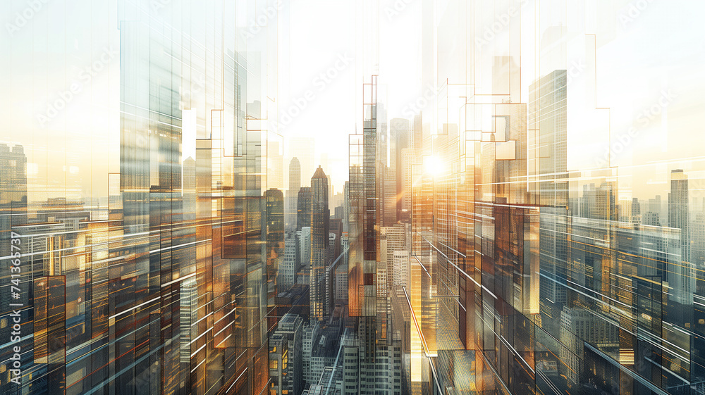 Fototapeta premium bustling city skyline, where buildings adorned with countless glass windows shimmer under the midday sun.