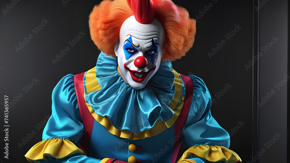 a cartoon character male clown in a blue dress bright makeup and colored hair. clown with a ball a cartoon character male clown in a blue dress bright makeup and colored hair. clown with a ball