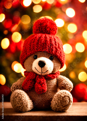 Teddy bear toy on a festive Christmas background. Selective focus.