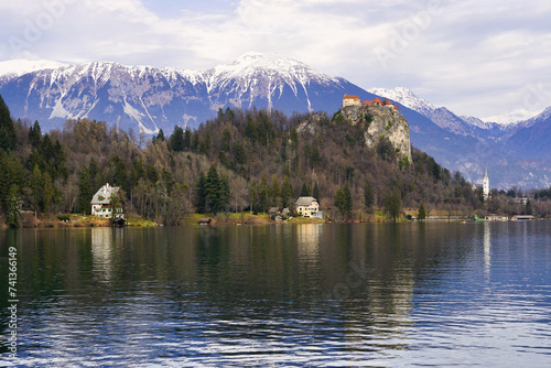 Lake Bled with castle on a rock and church, Slovenia