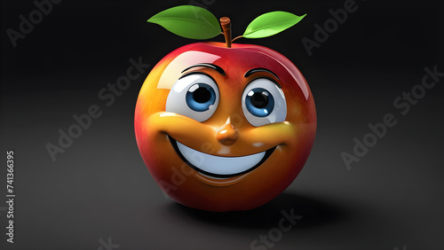 illustration image, 3D Glassy, a cartoon character, is depicted with a nectarine funny face against a black background.