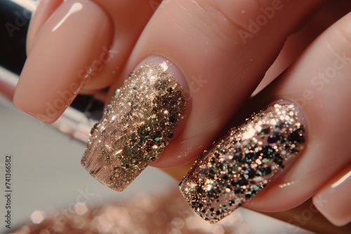 manicurist brushing glitter onto a nail photo