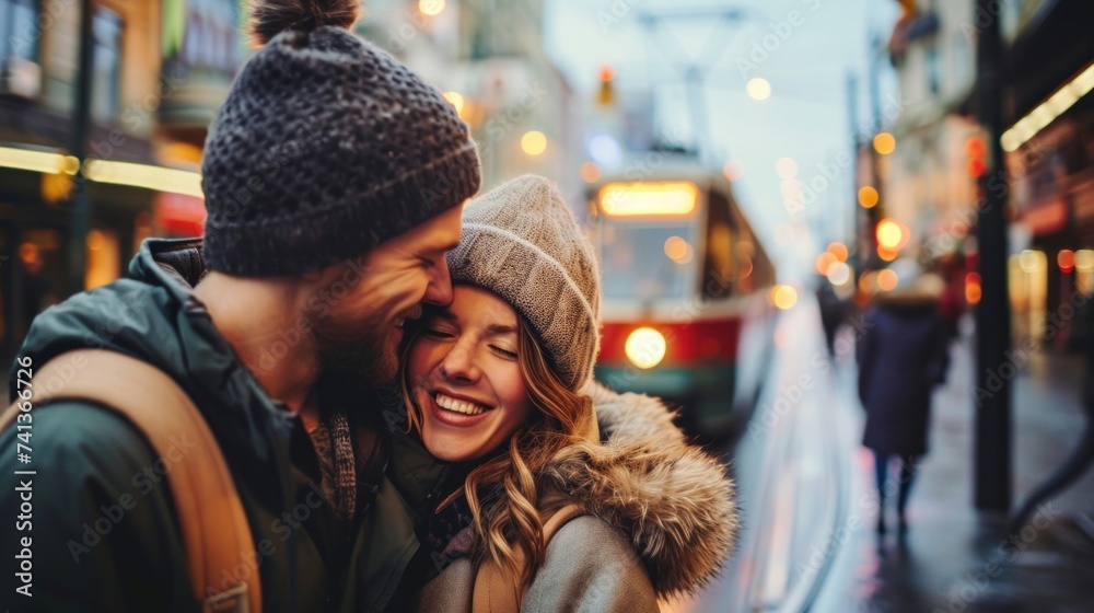 A cheerful couple embracing on a city street with a tram in the background, showcasing affection and urban life, Generative AI