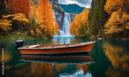 A wooden boat floats on a tranquil lake surrounded by mountains and trees adorned with vibrant autumn foliage. The scene encapsulates the serene beauty of nature.