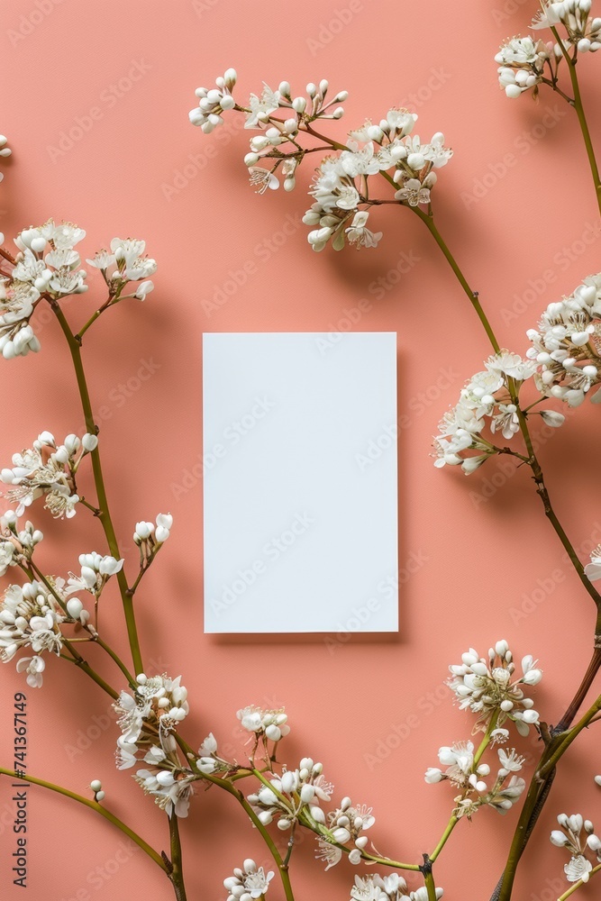 an elegant white business card set against a peach color backdrop, featuring a delicate plant
