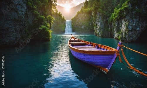 Wooden boat on calm water with a waterfall in the background