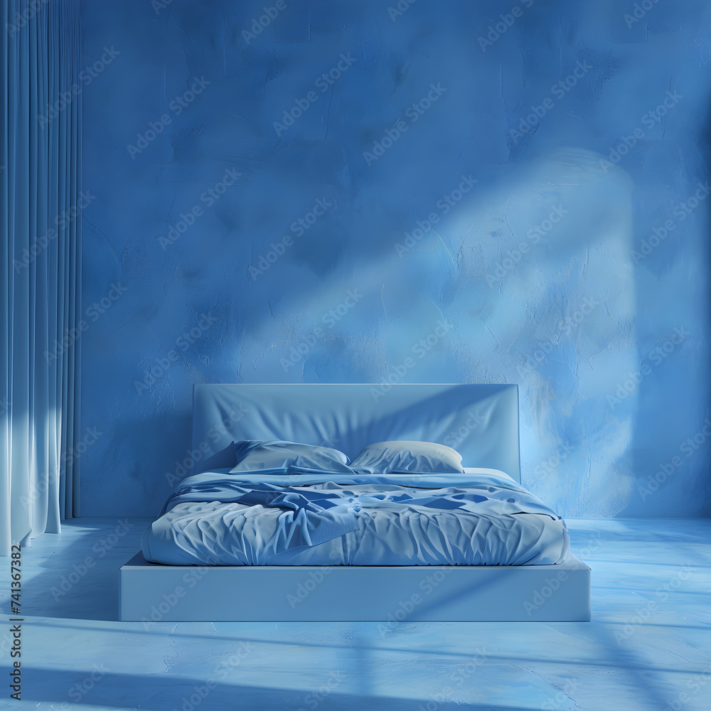 Blue bed in a blue bedroom 