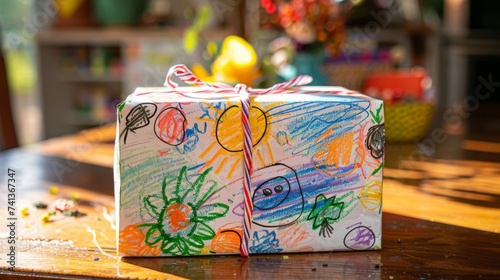 Child's Delight: A brightly colored box, adorned with whimsical drawings and a playful ribbon, sits on a wooden table