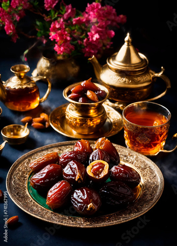 sweets dates and tea for Ramadan. Selective focus. photo