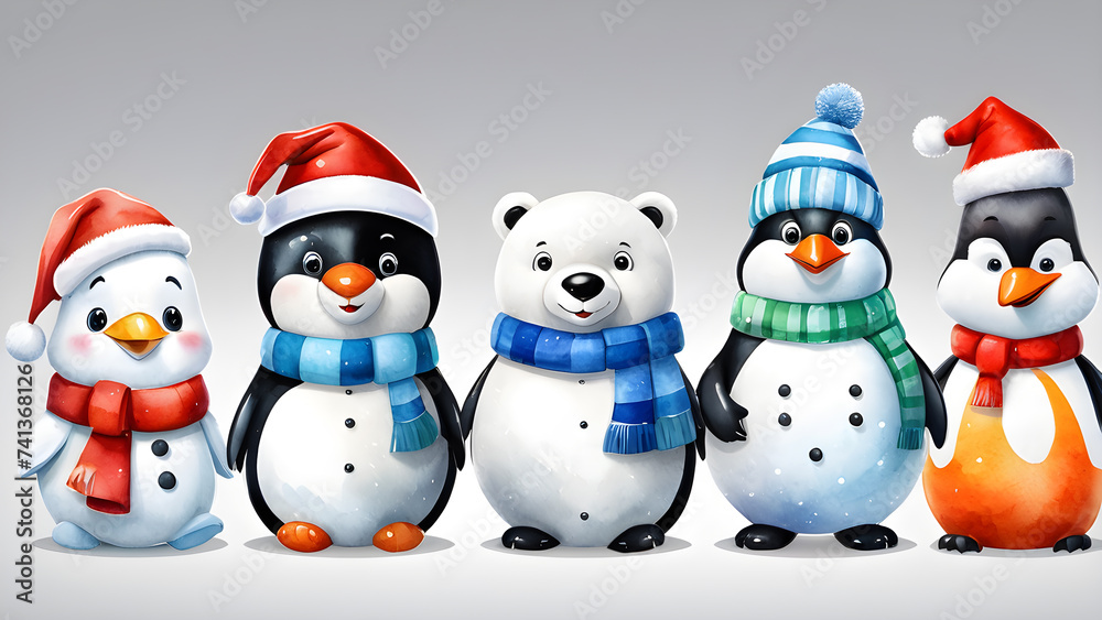 illustration image, watercolor cartoon characters of polar snowmen are isolated on a white background, showcasing adorable snowman illustrations. illustration image, watercolor cartoon characters of polar snowmen are isolated on a white background, showcasing adorable snowman illustrations.
