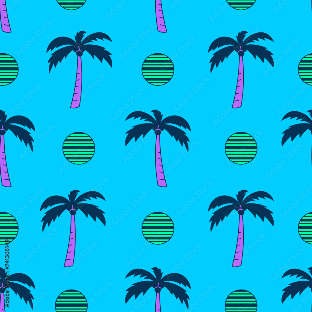 Summer seamless pattern with palm tree. Acid colorful beach background in retro style. Neon vaporwave summertime aesthetic. Repeat vector illustration.