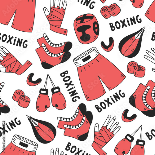 Boxing seamless pattern in doodle style. Comic hand drawn sports background with equipment clothing and text. Uniform sketch elements text and symbols. Repeat vector illustration