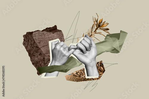 Collage illustration image two human hands fingers in peace agreement support and promise save planet isolated on gray color background photo