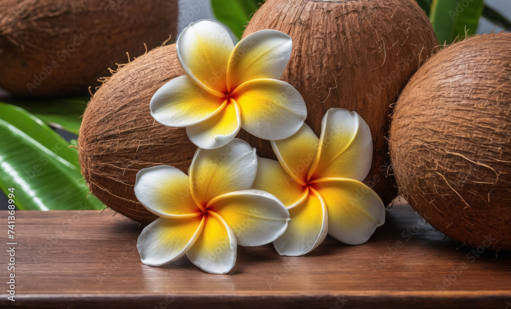 Still life with tropical coconut and plumeria flowers on wooden