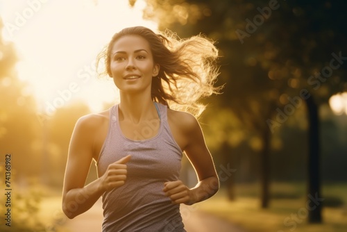 Young woman jogging in the park at sunrise. Healthy lifestyle.