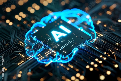 AI Brain Chip nanotool. Artificial Intelligence hosting provider mind etching axon. Semiconductor mmu circuit board neurotransmitter uptake photo