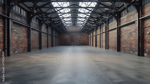 A vast empty old warehouse interior in industrial loft style, with weathered brick walls, a sturdy concrete floor. photo