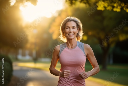 Portrait of smiling senior woman jogging in park at morning.