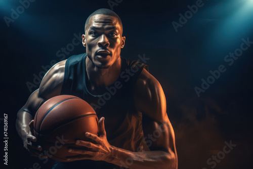 Young man, male basketball player with ball on hands on black background. Olympic games.